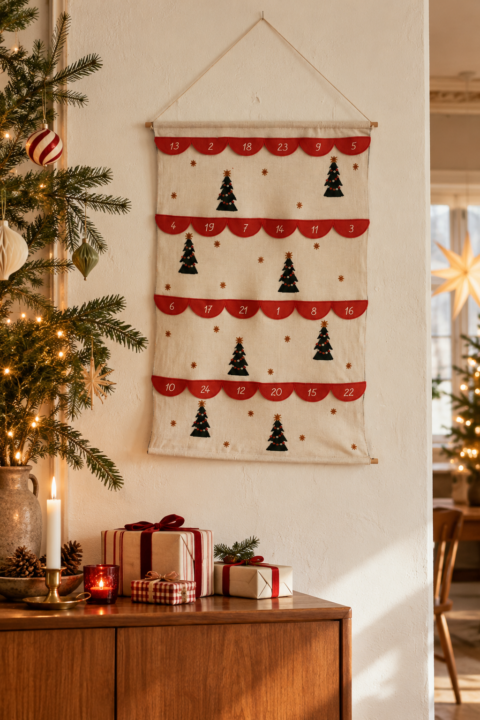 Advent calendar with red numbered flaps and small Christmas trees hanging on a white wall, with a wooden sideboard and wrapped gifts nearby.