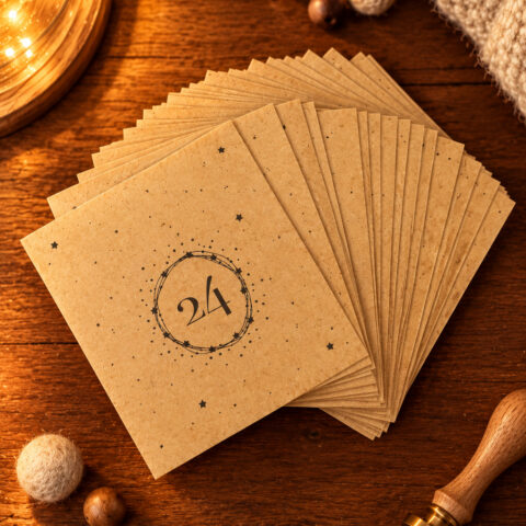 Fanned brown kraft cards with a decorative '24' circle on a wooden table beside a candlelight glow.