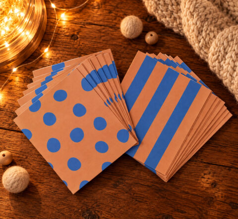Greeting cards with blue polka dots and stripes fanned out on a warm wooden table, with fairy lights in the background.