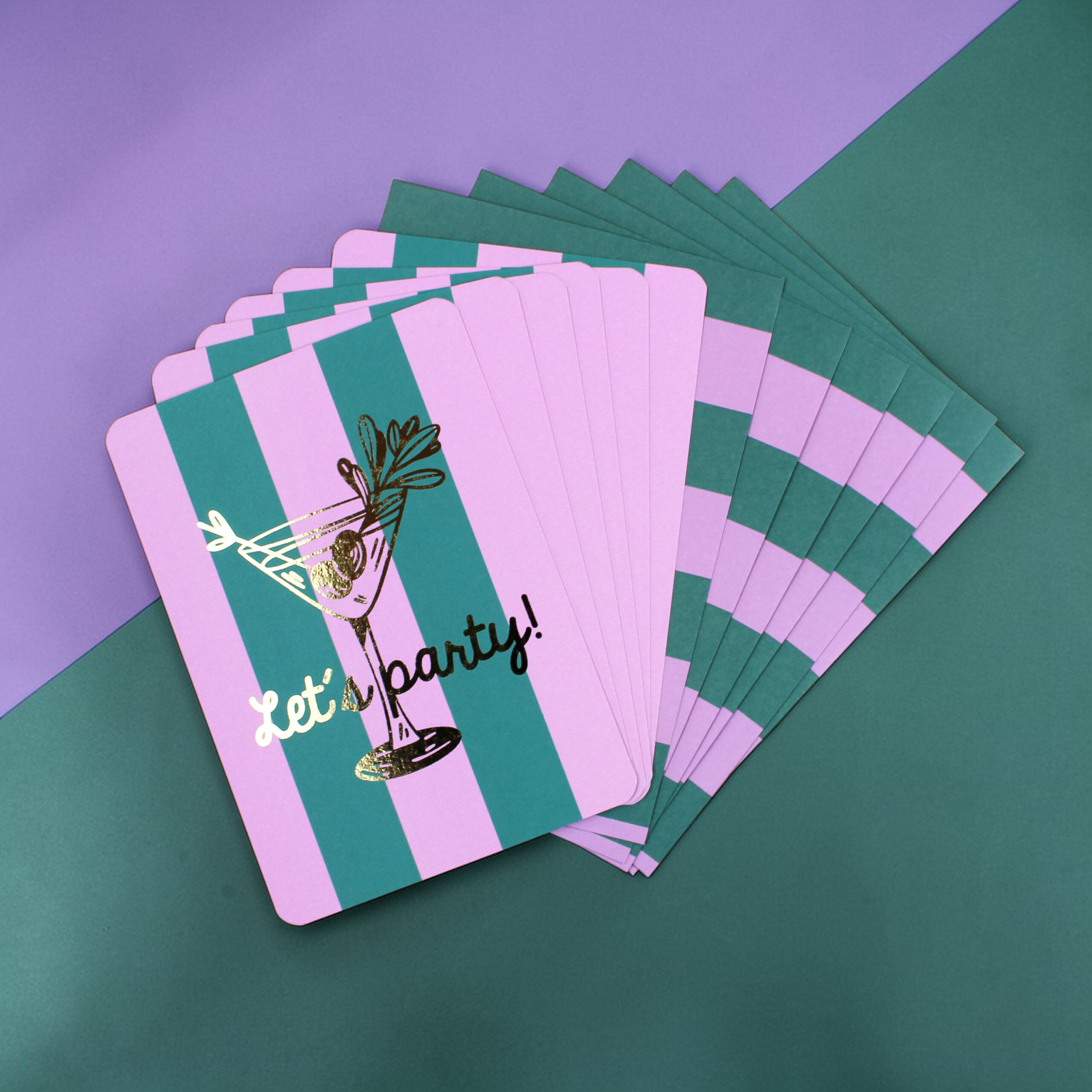 Einladungskarten-Set Stripes „Aperitif“, türkis/violett mit Goldfolie – Let’s Party