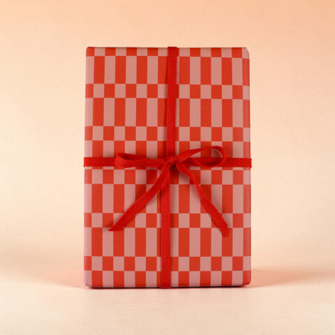 Gift box wrapped in red-and-pink checker paper tied with a red ribbon bow.