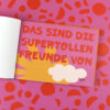 Open pink children’s book page with bold red German title, a white cloud, and a yellow sunburst on a bright pink patterned background; includes a small NAME field.