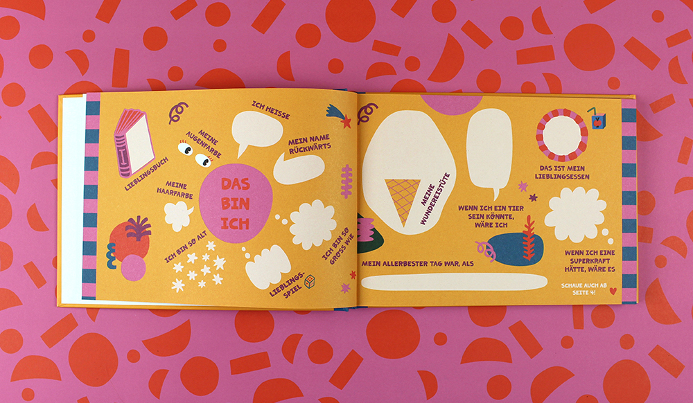Open children’s book spread with orange pages and German phrases like 'DAS BIN ICH' surrounded by shapes.