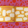 Open book spread with orange pages filled with white speech bubbles and decorative shapes on a pink background.