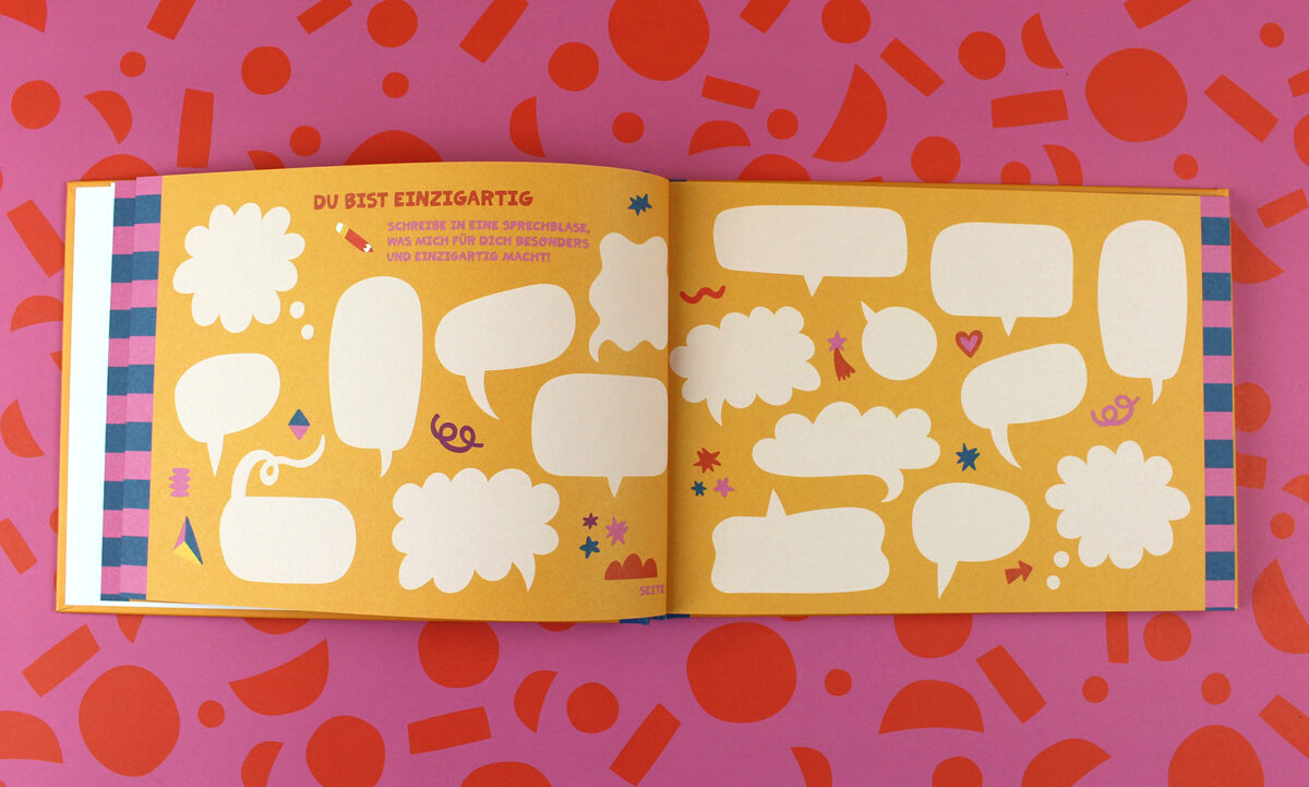 Open book spread with orange pages filled with white speech bubbles and decorative shapes on a pink background.