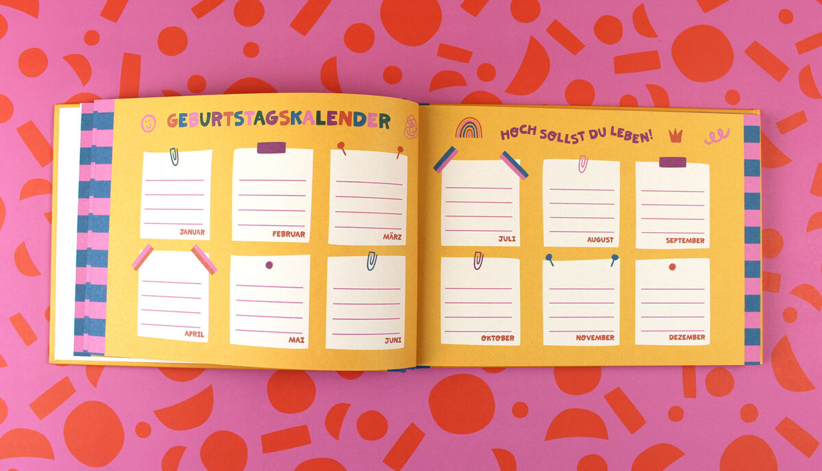 Open two-page spread of a bright yellow birthday calendar with blank monthly cards for January–December on a colorful page.
