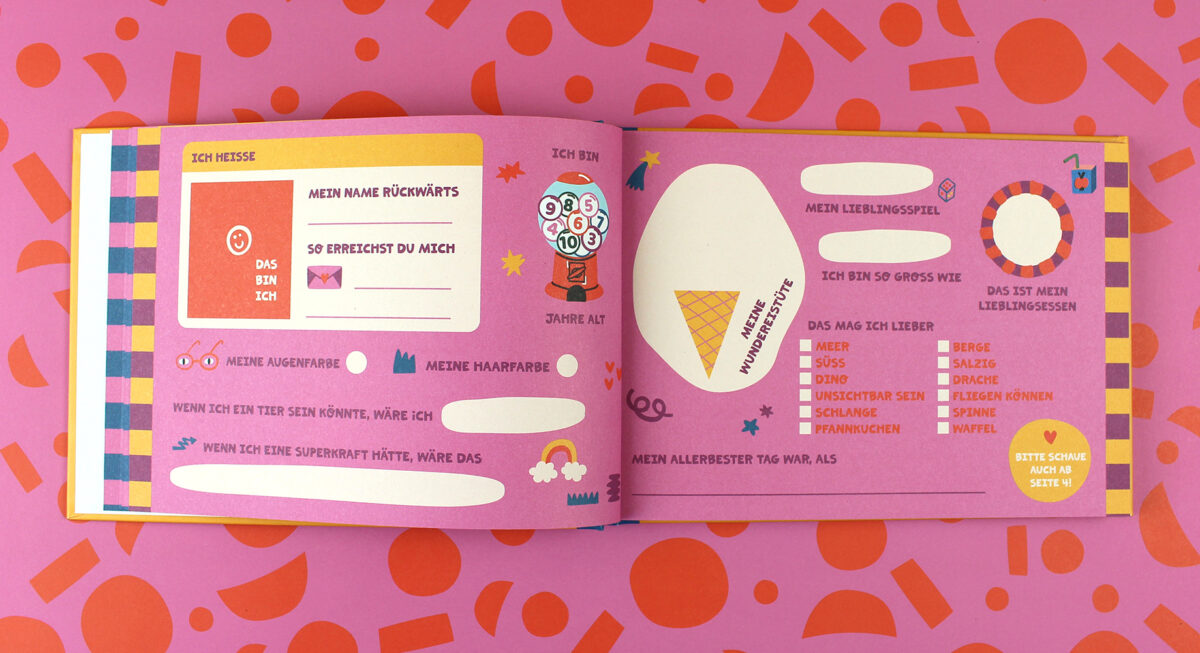 Open children's activity book page on pink background with German prompts and playful illustrations.