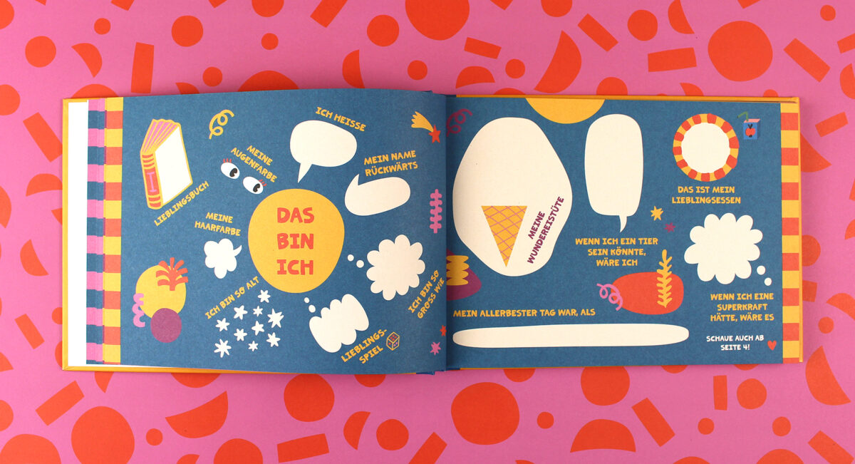Two-page spread from a children's book with bright shapes; center reads 'DAS BIN ICH' in a yellow circle.