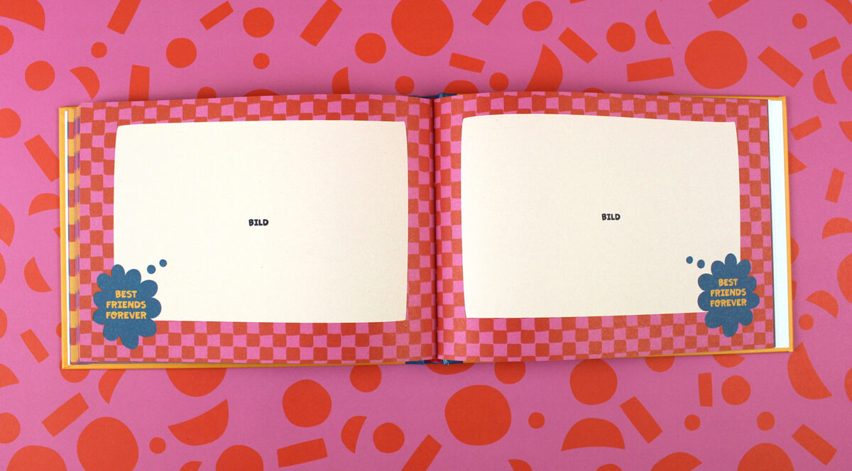 Open scrapbook with pink checkerboard pages; blue flower stickers read 'Best Friends Forever' on each page.