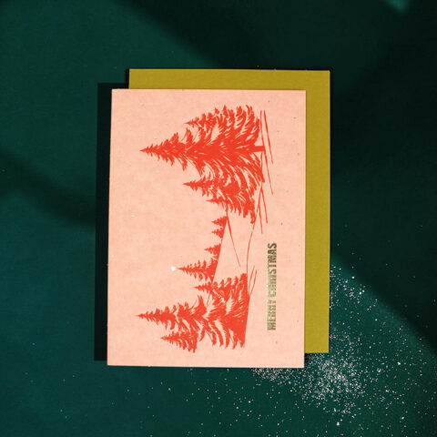 Pink Christmas card with red fern graphic, stacked on an olive card, on a dark green surface with white speckles and glitter hints.