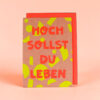 2381gkhochsollstduleben Avayves Feine Papeterie Und Geschenke Für Babys Und Kids Book cover with bold red German title 'HOCH SOLLST DU LEBEN' on a beige background with lime geometric shapes, set against a pink backdrop.
