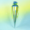 Colorful party popper with a blue tissue top and neon ribbons, tall cone shape against a pastel gradient background