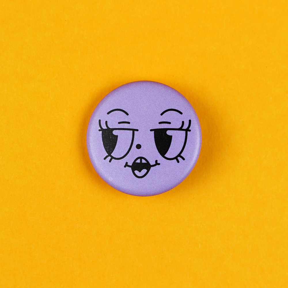 Purple circular button with a sleepy cartoon face on a bright yellow background.