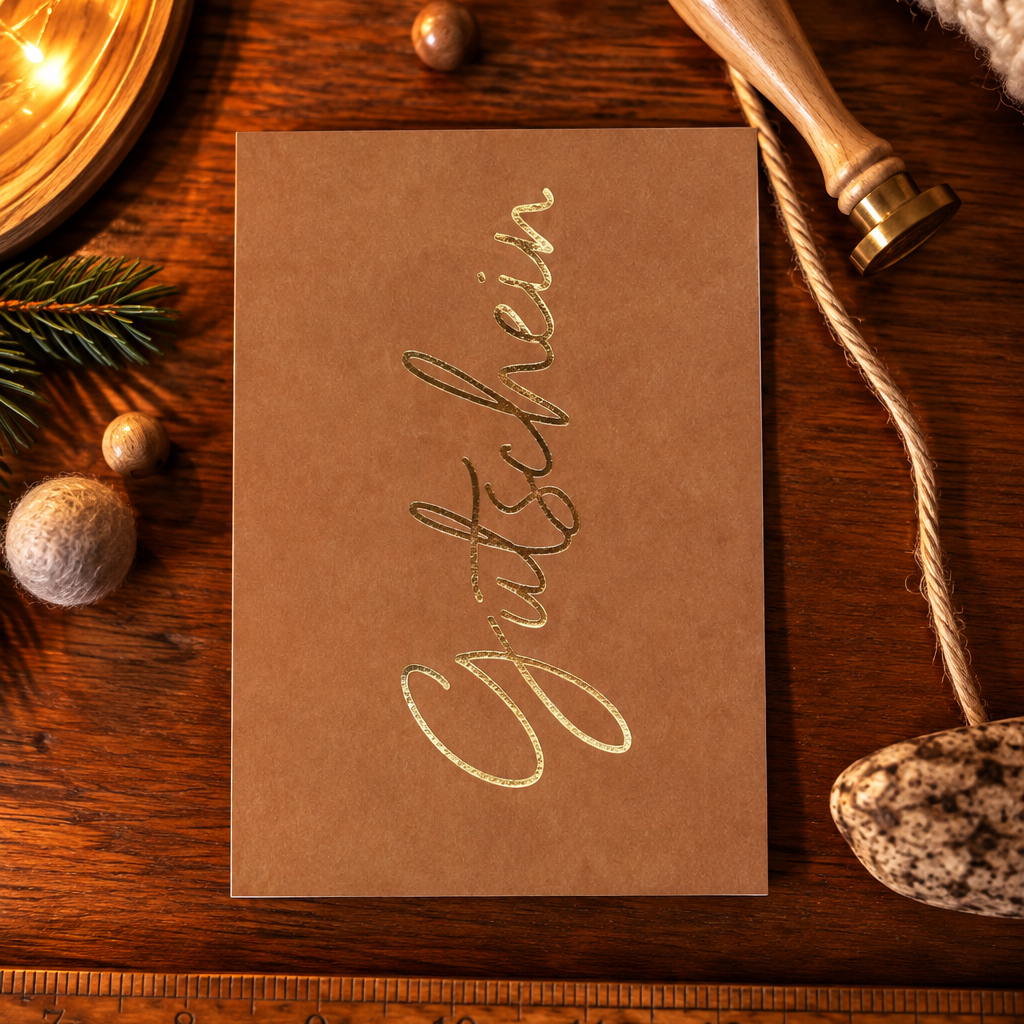 Brown holiday greeting card with gold 'Christmas' script on a wooden table, surrounded by pine, candle, rope, and natural decorations.