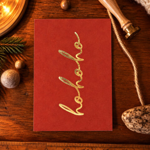 Red Christmas card with gold cursive text on a wooden table beside holiday decorations.