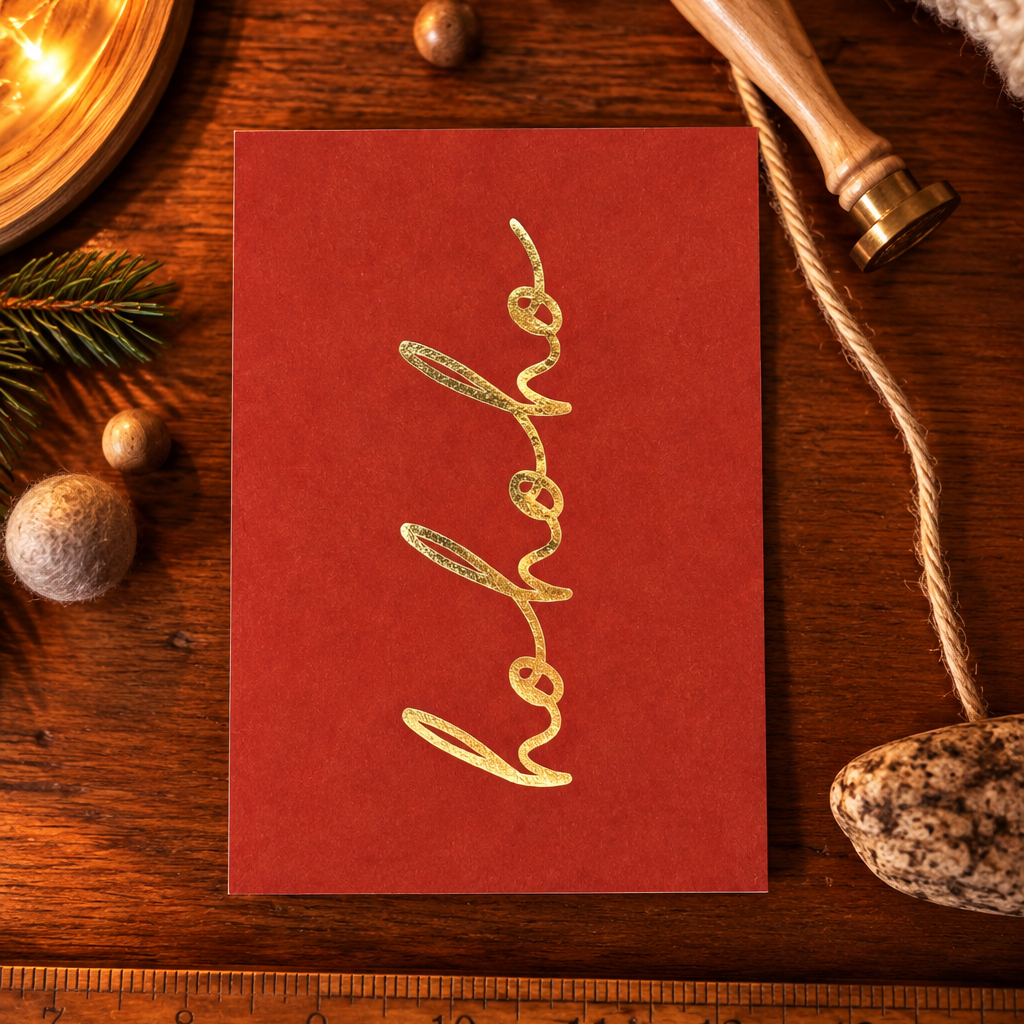 Red Christmas card with gold cursive text on a wooden table beside holiday decorations.