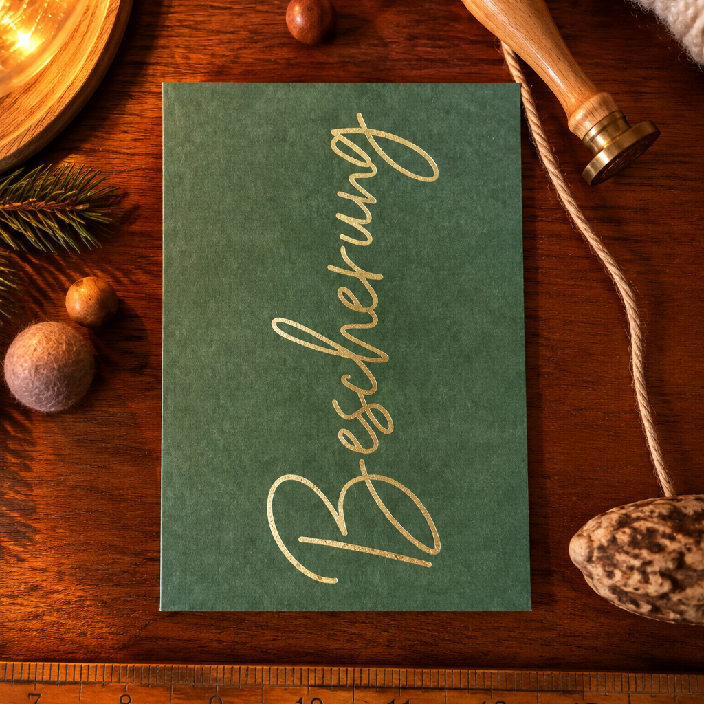 Green greeting card with gold cursive text 'Greetings' on a wooden table, surrounded by holiday decor like pine, rope, and ornaments.
