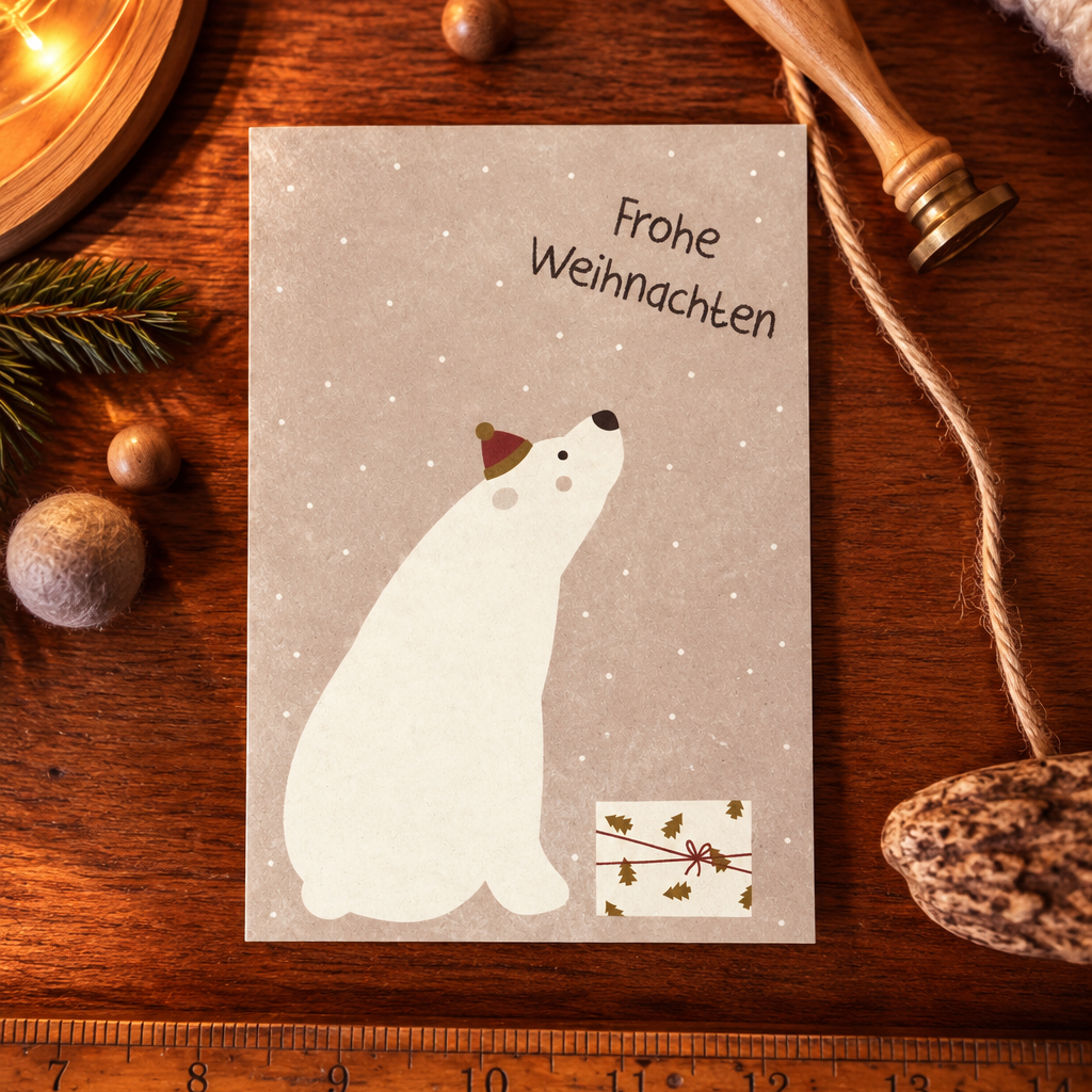 German Christmas card with a white polar bear looking up, wearing a small red hat; caption Frohe Weihnachten on beige background.