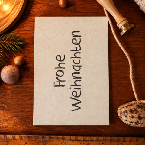 Card reading 'From wedding' on a wooden desk surrounded by rustic decor (ruler, stamp, string, pine branch, rocks).