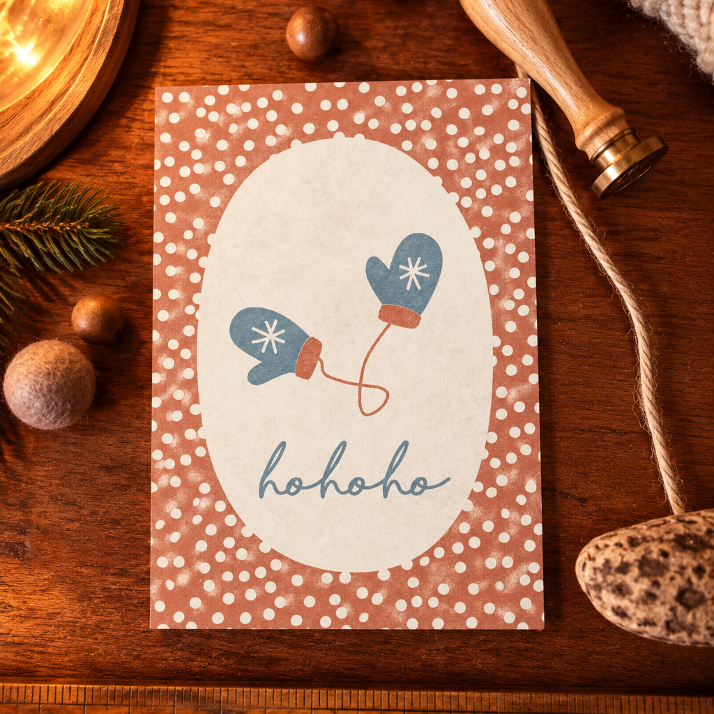 Christmas card on a wooden surface with a white oval center showing blue mitten illustrations and 'hohoho' in blue cursive, brown polka-dot background.