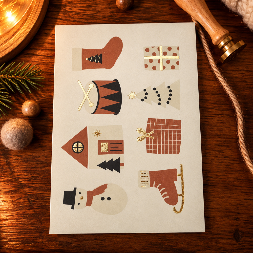 Seasonal card on a wooden table featuring stylized icons: stocking, gifts, drum, tree, house, snowman, and ice skate.