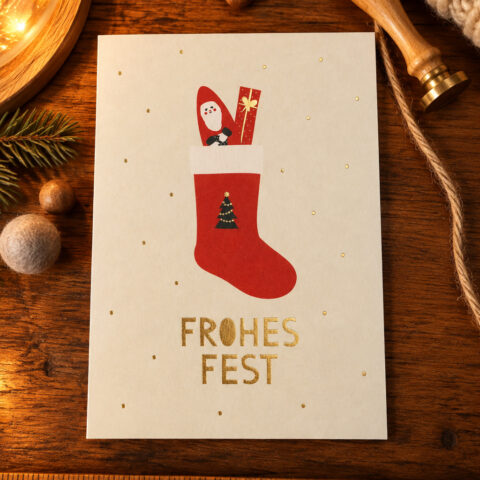 White Christmas card featuring a red stocking with Santa and gifts peeking out, gold confetti, and the gold caption 'FROHES FEST' on a wooden table. A pine branch and twine are visible nearby.