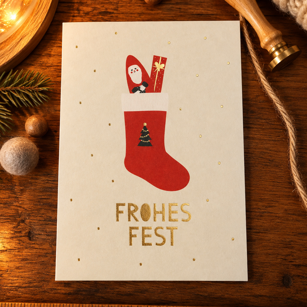 White Christmas card featuring a red stocking with Santa and gifts peeking out, gold confetti, and the gold caption 'FROHES FEST' on a wooden table. A pine branch and twine are visible nearby.