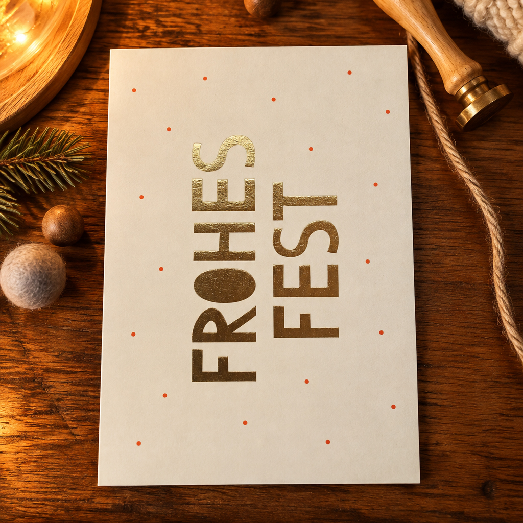 1258pkfrohesfest Avayves Feine Papeterie Und Geschenke Für Babys Und Kids Cream holiday card with gold 'FROHES FEST' text and small red dots on a wooden table amid pine and twine, festive scene.