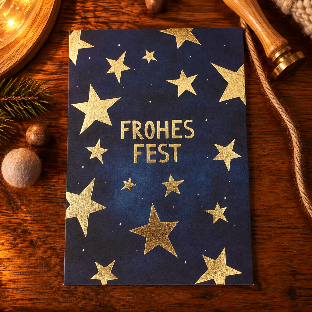 Blue greeting card with gold stars and the text 'FROHES FEST' on a wooden table, evokes festive holiday wishes.