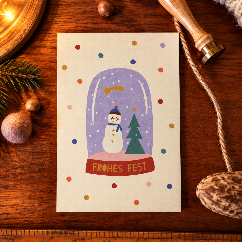 Colorful Christmas card with a snow globe scene showing a snowman and a Christmas tree, and the 'FROHES FEST' banner on a wooden desk.