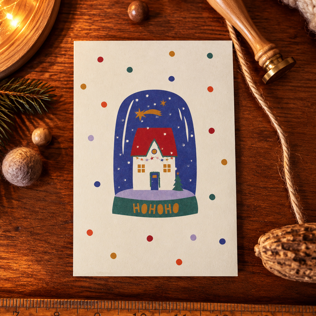 Seasonal card featuring a snow globe with a cozy house inside and 'HOHOHO' on the base, surrounded by colorful dots and a wooden background.
