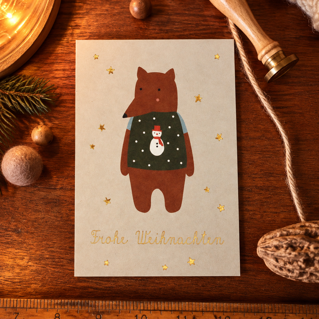 Christmas card with a brown bear in a green sweater featuring a snowman, surrounded by gold stars and 'Frohe Weihnachten' text on a wooden table surface.