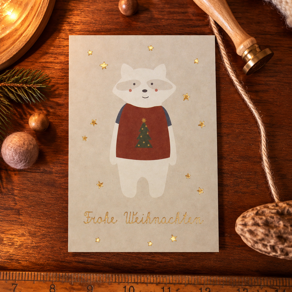Beige Christmas card with a white bear in a red sweater and a Christmas tree, surrounded by gold stars on a wooden surface.