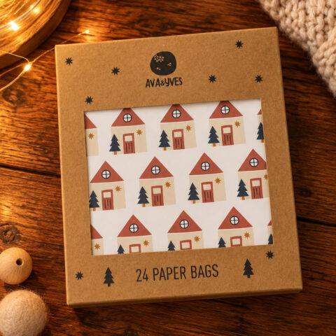 Brown cardboard box packaging for 24 paper bags, Ava&Yves logo, window showing a house-pattern paper inside.