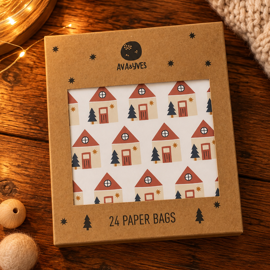 4138adventcalendarhaeuser01 Avayves Feine Papeterie Und Geschenke Für Babys Und Kids Brown cardboard box packaging for 24 paper bags, Ava&Yves logo, window showing a house-pattern paper inside.