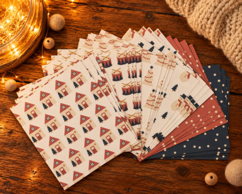 Assorted Christmas gift wrap papers in red, blue, and cream patterns spread on a wooden table with fairy lights.