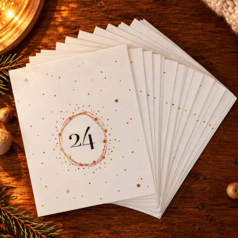 Advent calendar card showing the number 24 with a copper star ring on a wooden table, surrounded by small stars and warm lighting.