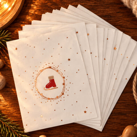 Stack of white holiday cards with gold stars and a red ice skate inside a wreath design on a wooden table surface