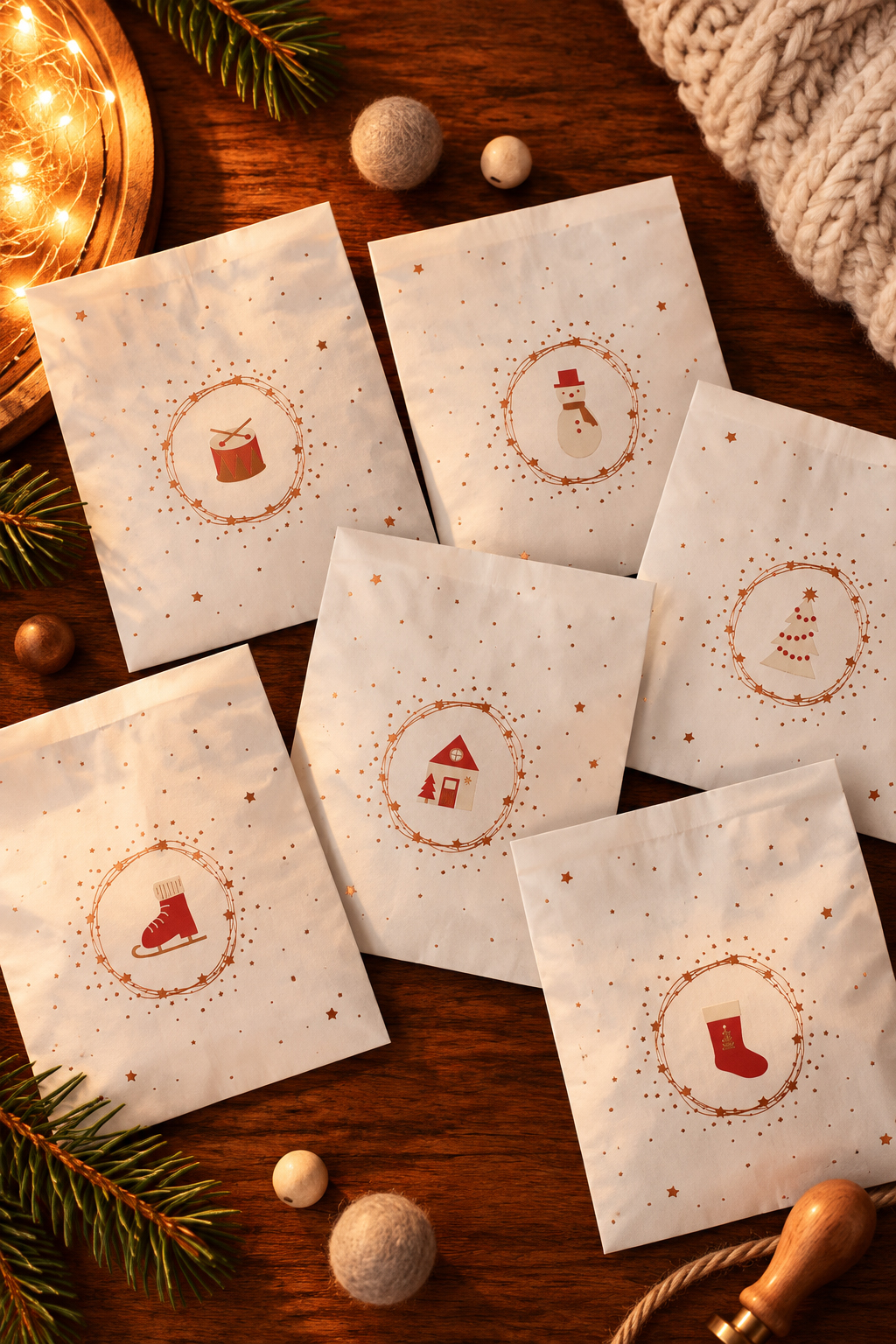 White gift envelopes on a wood table, each with a brown circular stamp of Christmas icons (tree, snowman, stocking, house).