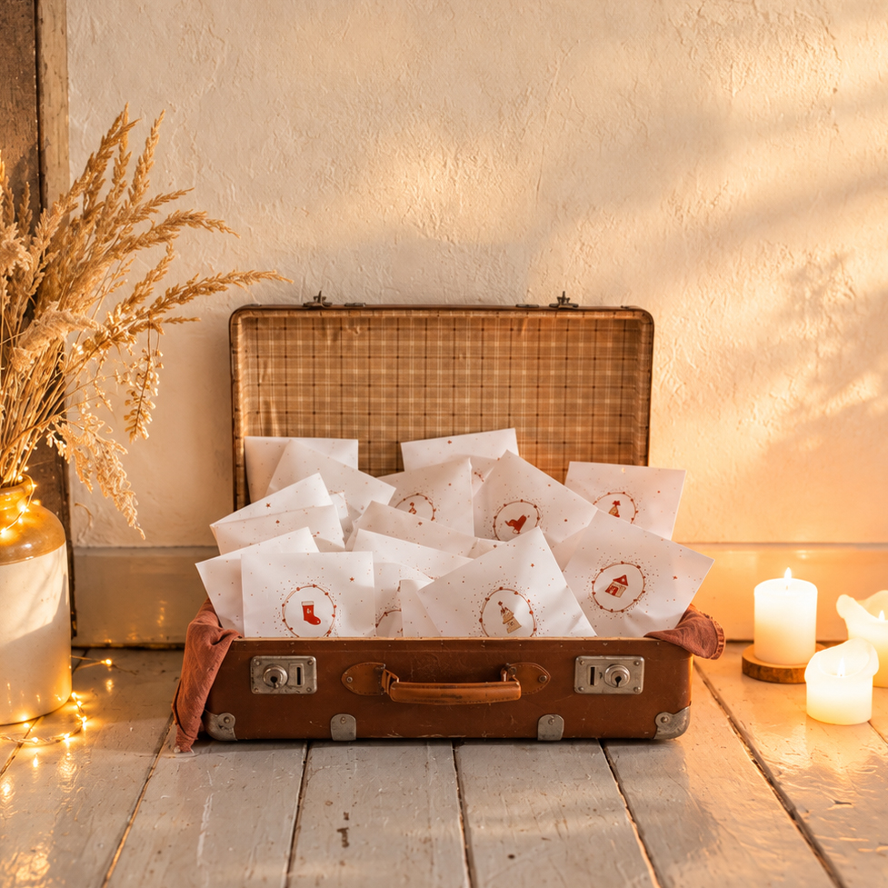 Open vintage suitcase filled with white invitation cards on a wooden floor, warm candlelight, and dried wheat in a vase beside it.