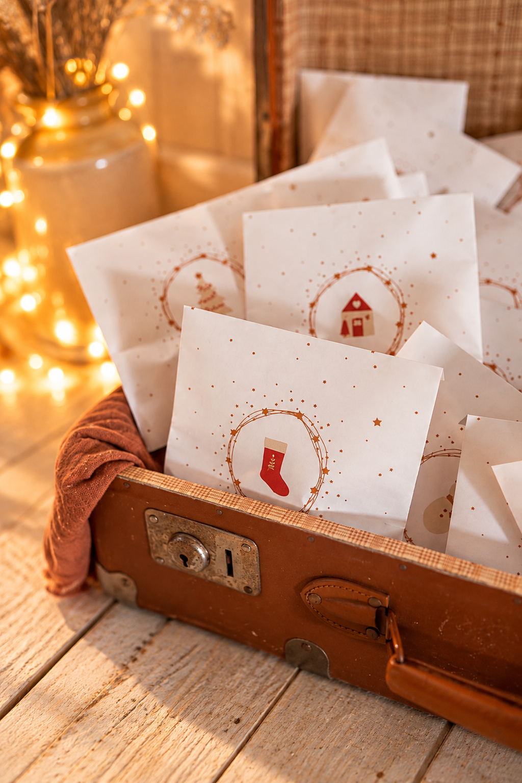 Vintage brown suitcase filled with white holiday cards featuring red stocking and house stamps, glowing fairy lights in the background.