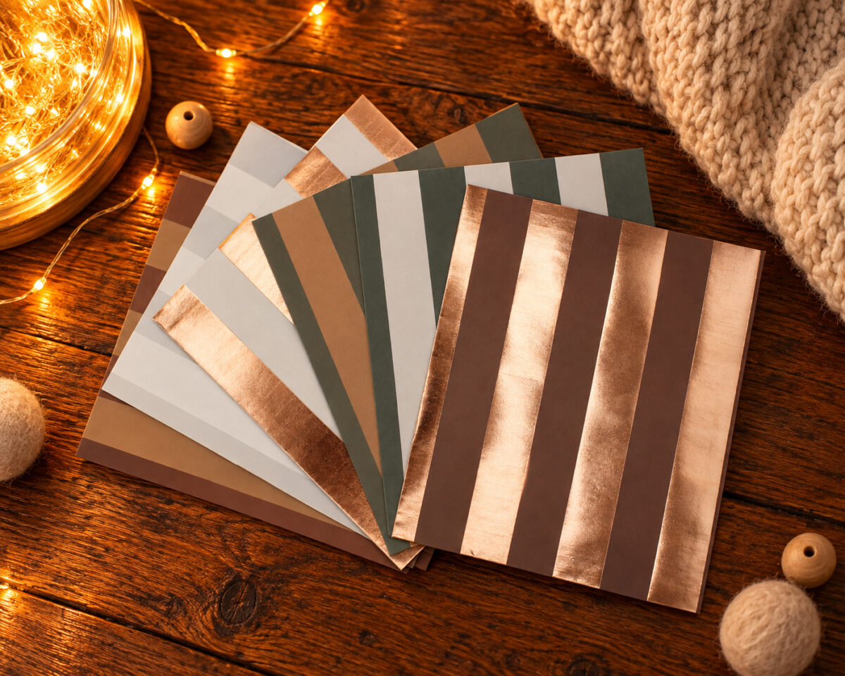 Color swatch cards with copper metallic stripes fanned on a wooden table with warm fairy lights and a knitted blanket nearby.