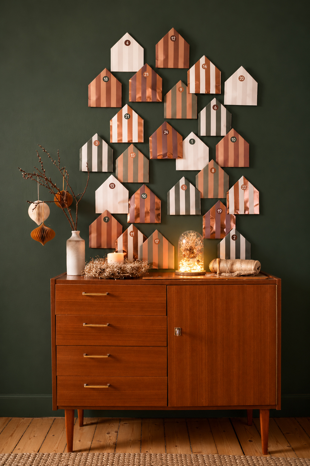 Mid-century wooden sideboard against a dark green wall, topped with a copper-striped paper advent calendar arranged as houses with numbers.