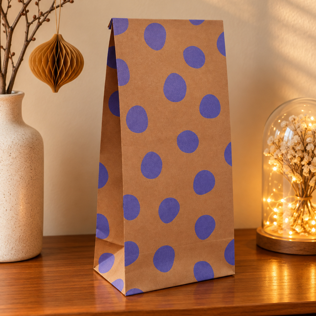 5537papierbeuteldots Avayves Feine Papeterie Und Geschenke Für Babys Und Kids Purple-dotted brown paper gift bag on a wooden table with warm lighting and decorative vase nearby.