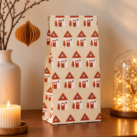 Tall gift bag with red houses pattern on beige background sits on a wooden table next to a lit candle and a decorative glass dome with lights.