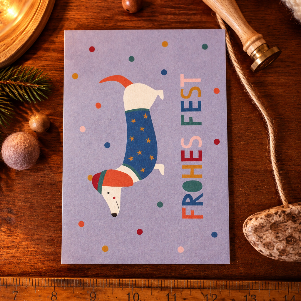 Purple lavender Christmas card featuring a cartoon dachshund in a blue starry coat and red hat, with the vertical text 'FROHES FEST' and colorful confetti dots.