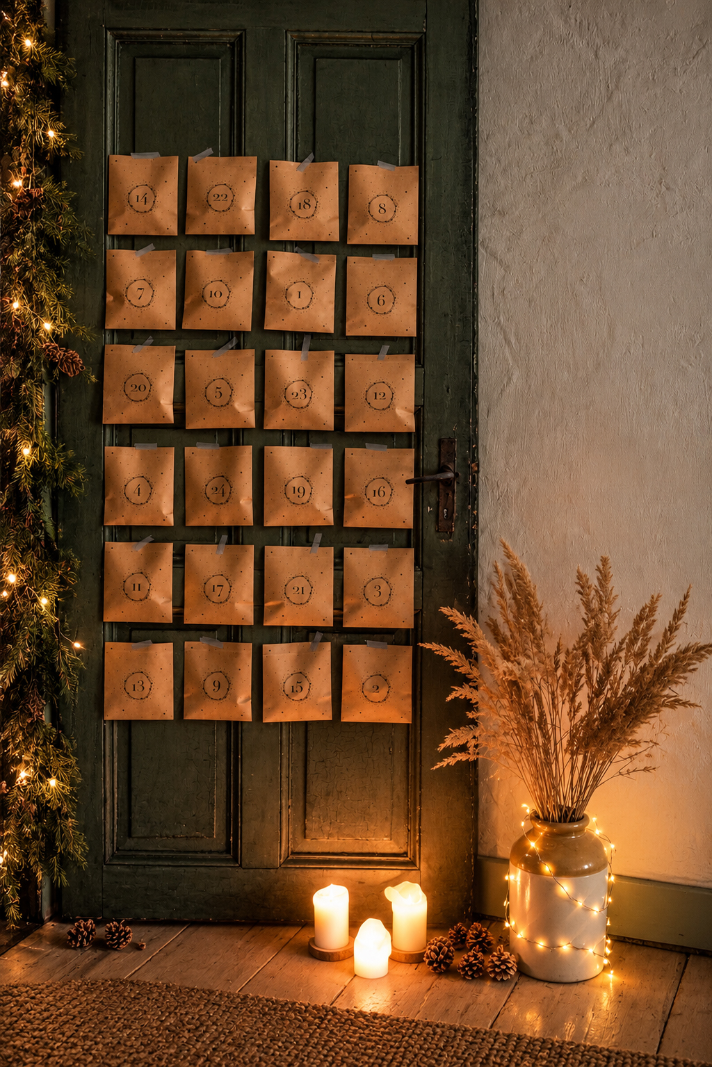 Brown paper advent calendar bags numbered 1–24 pinned on a dark green door with string lights and taped tops, cozy holiday scene.