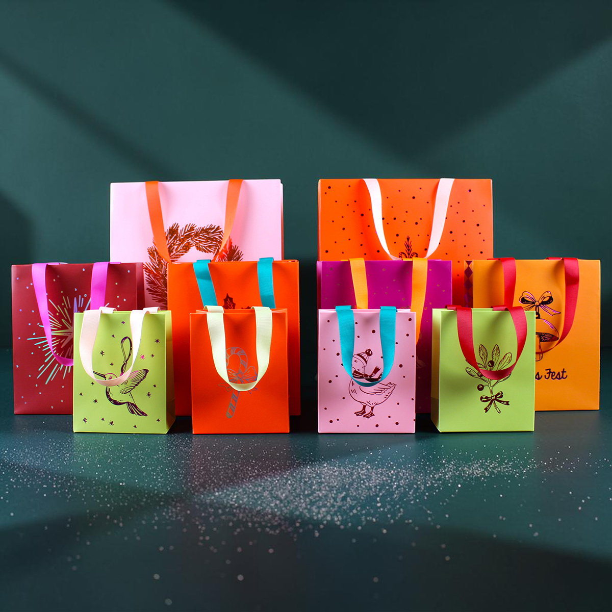 Colorful gift bags of various sizes with ribbon handles arranged on a dark teal surface, festive prints visible.