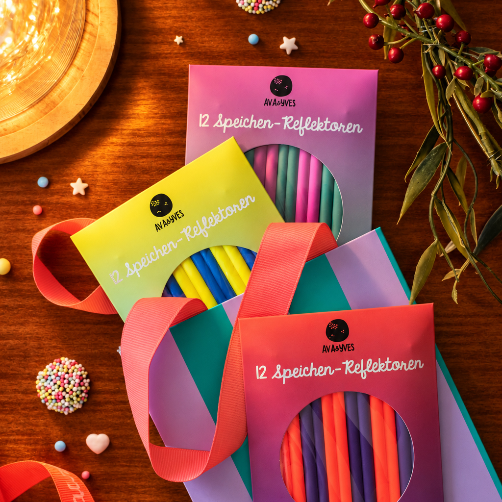 Brightly colored packaging for 12-speichen Reflektoren (reflectors) on a wooden table, with pink ribbons and scattered decorative candies around.