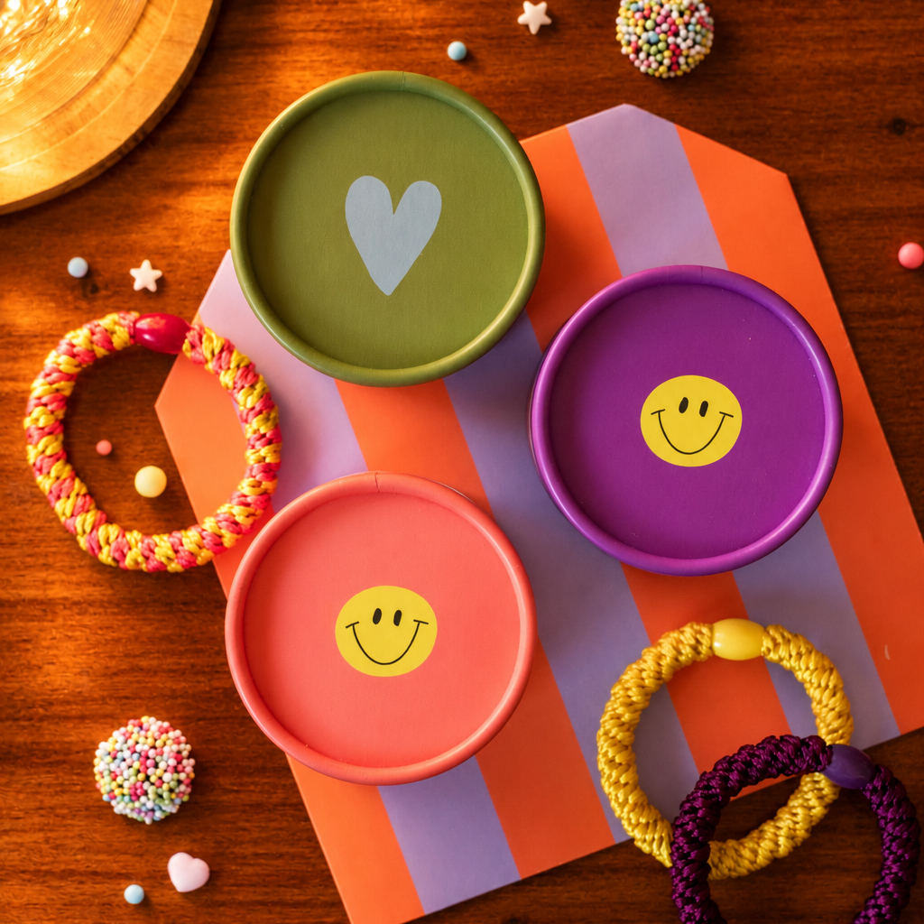 Flat lay of colorful bracelets and round tins with a heart and smiley faces on a striped backdrop.
